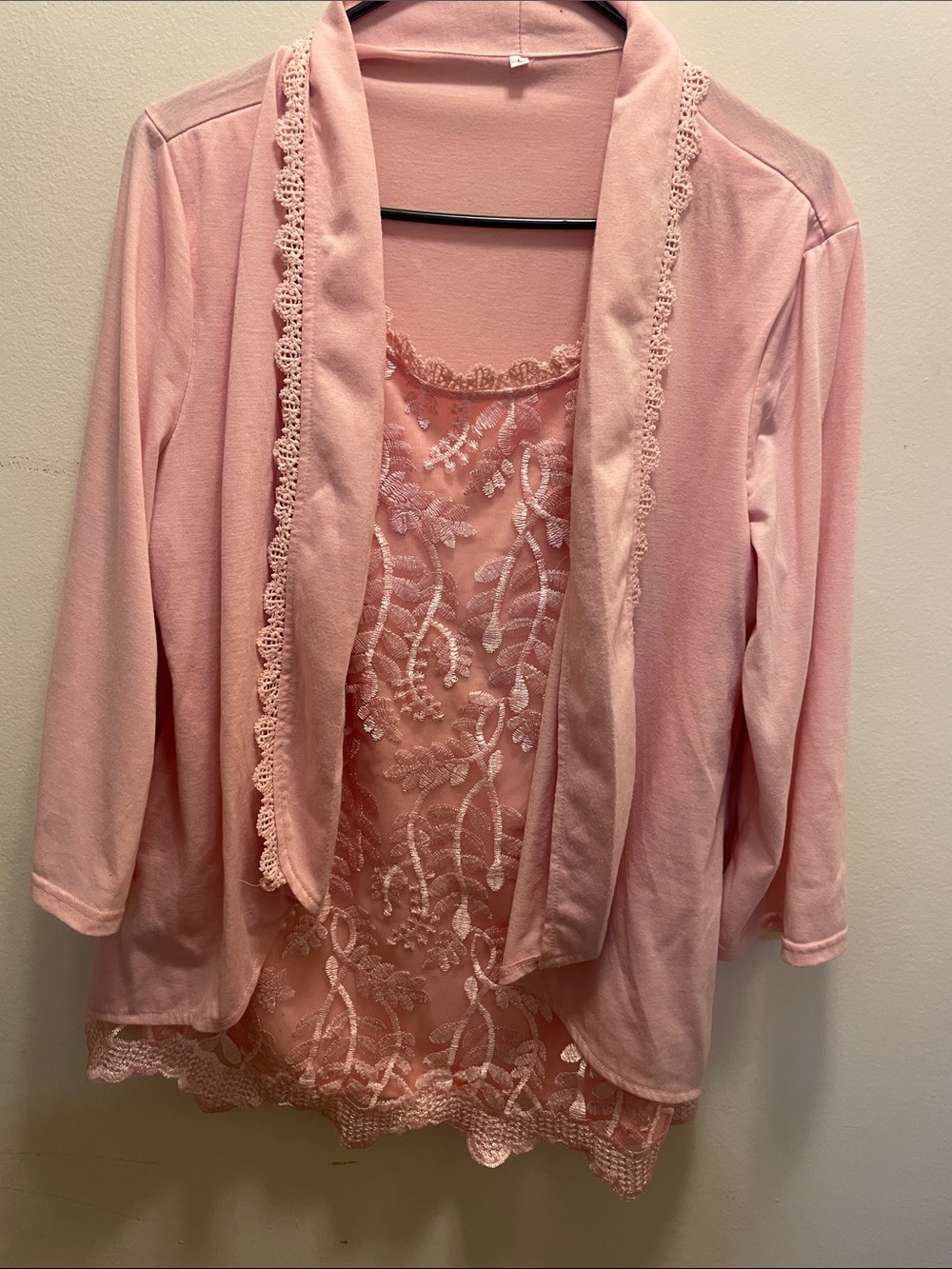 Pink Lace-Trim Cardigan & Sheer Embroidered Tank Set